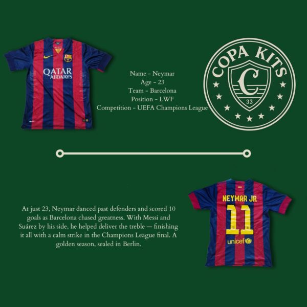 Neymar 2015 Barcelona kit – original shirt from treble-winning season, part of Copa Kits one-of-a-kind collection
